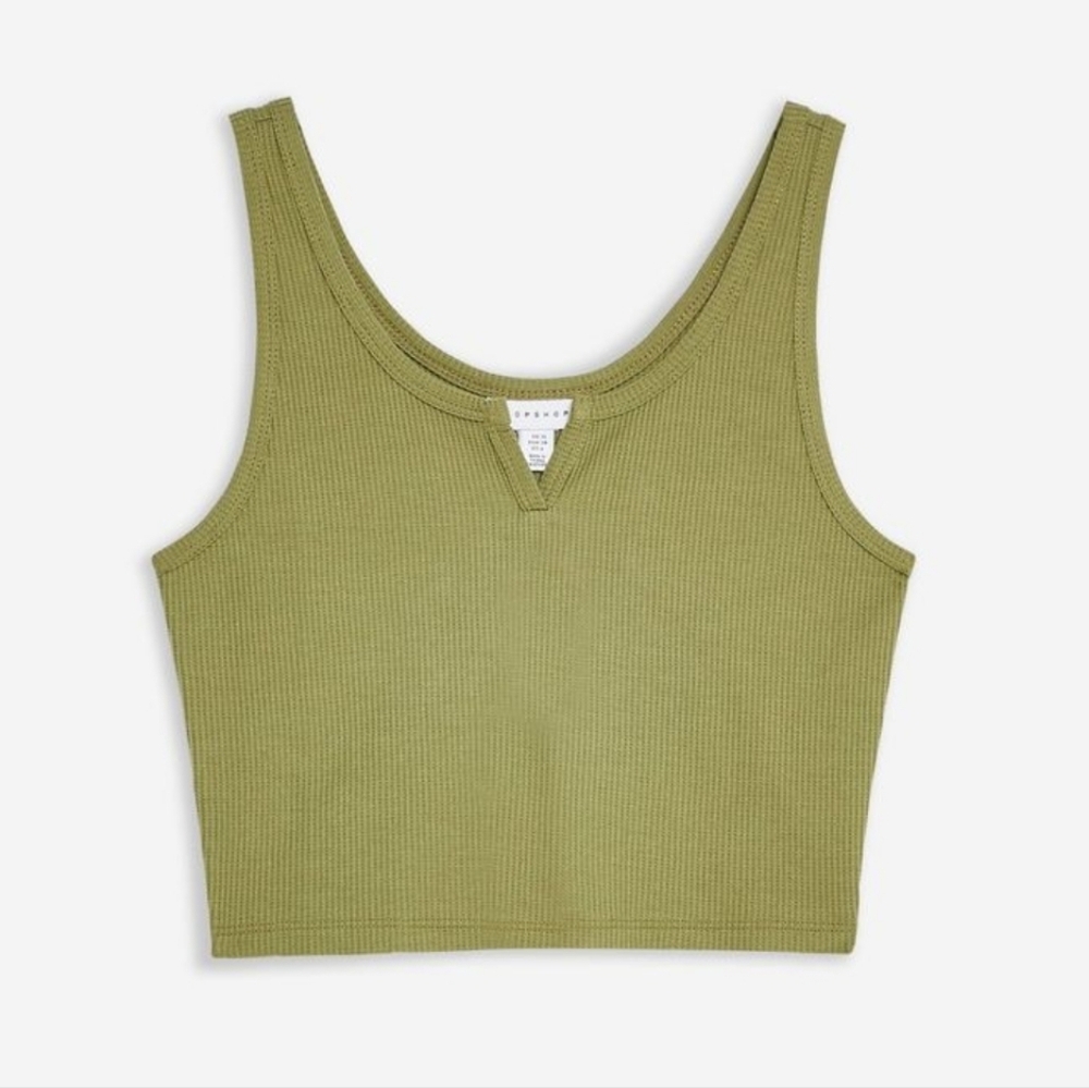 NWOT Topshop Green Waffle Notch Fitted Crop Tank Top Size 4 Slim Fit